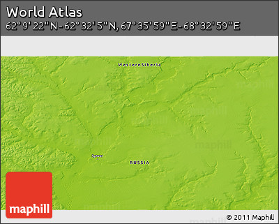Physical 3D Map of the Area around 62° 20' 44" N, 68° 4' 29" E