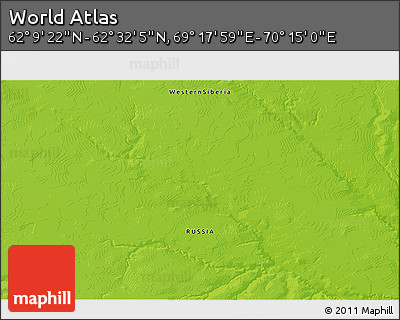 Physical 3D Map of the Area around 62° 20' 44" N, 69° 46' 30" E