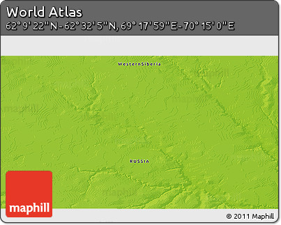 Physical 3D Map of the Area around 62° 20' 44" N, 69° 46' 30" E