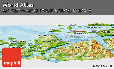 Physical Panoramic Map of the Area around 62° 20' 44" N, 6° 1' 30" E