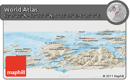 Shaded Relief Panoramic Map of the Area around 62° 20' 44" N, 6° 1' 30" E