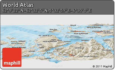Shaded Relief Panoramic Map of the Area around 62° 20' 44" N, 6° 1' 30" E
