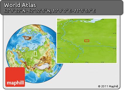 Physical Location Map of the Area around 62° 20' 44" N, 70° 37' 30" E