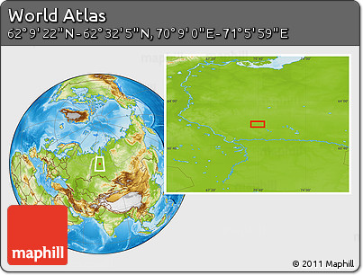 Physical Location Map of the Area around 62° 20' 44" N, 70° 37' 30" E