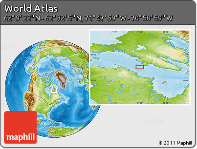 Physical Location Map of the Area around 62° 20' 44" N, 71° 19' 29" W