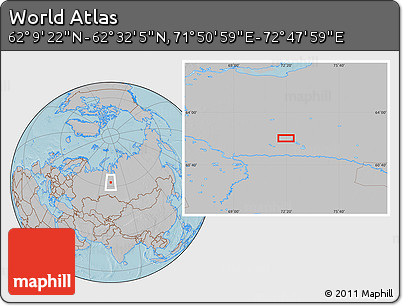 Gray Location Map of the Area around 62° 20' 44" N, 72° 19' 29" E, hill shading