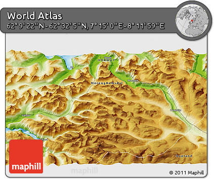 Physical 3D Map of the Area around 62° 20' 44" N, 7° 43' 29" E