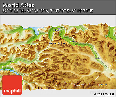 Physical 3D Map of the Area around 62° 20' 44" N, 7° 43' 29" E