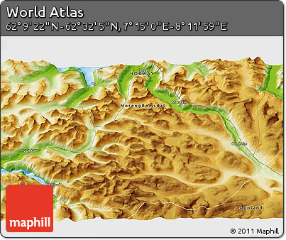 Physical 3D Map of the Area around 62° 20' 44" N, 7° 43' 29" E