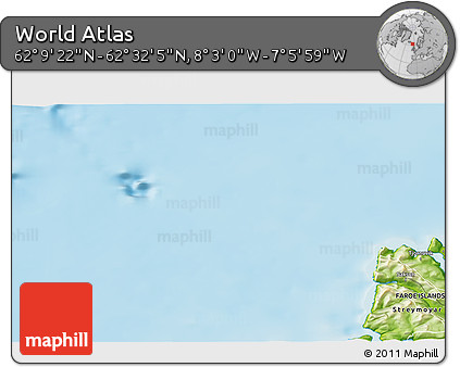 Physical 3D Map of the Area around 62° 20' 44" N, 7° 34' 30" W