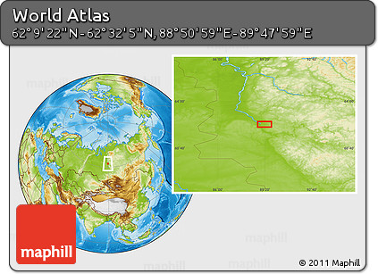 Physical Location Map of the Area around 62° 20' 44" N, 89° 19' 29" E