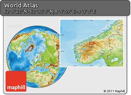 Physical Location Map of the Area around 62° 20' 44" N, 8° 34' 29" E