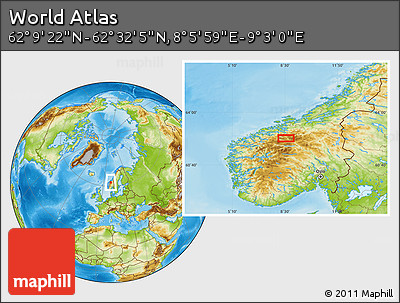 Physical Location Map of the Area around 62° 20' 44" N, 8° 34' 29" E