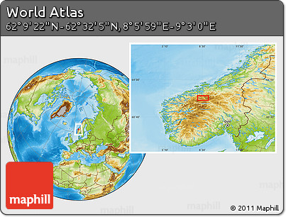 Physical Location Map of the Area around 62° 20' 44" N, 8° 34' 29" E