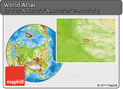 Physical Location Map of the Area around 62° 20' 44" N, 91° 1' 30" E