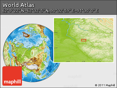 Physical Location Map of the Area around 62° 20' 44" N, 91° 1' 30" E