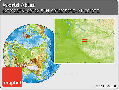 Physical Location Map of the Area around 62° 20' 44" N, 91° 1' 30" E