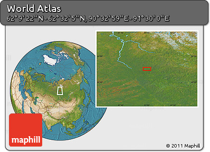 Satellite Location Map of the Area around 62° 20' 44" N, 91° 1' 30" E