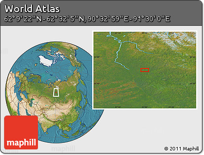 Satellite Location Map of the Area around 62° 20' 44" N, 91° 1' 30" E
