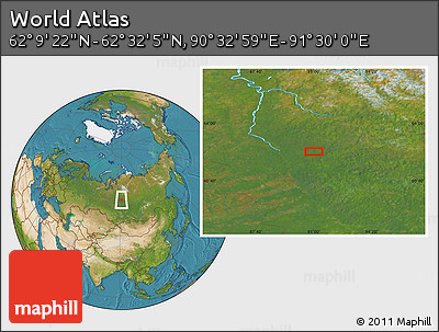 Satellite Location Map of the Area around 62° 20' 44" N, 91° 1' 30" E