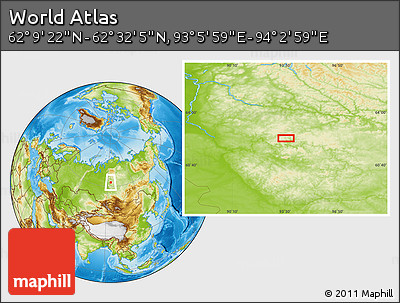 Physical Location Map of the Area around 62° 20' 44" N, 93° 34' 29" E