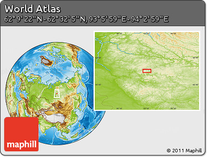 Physical Location Map of the Area around 62° 20' 44" N, 93° 34' 29" E