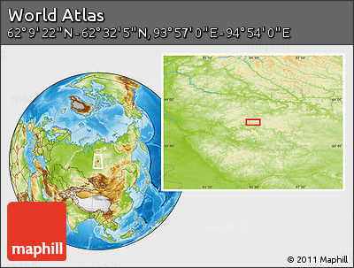 Physical Location Map of the Area around 62° 20' 44" N, 94° 25' 30" E