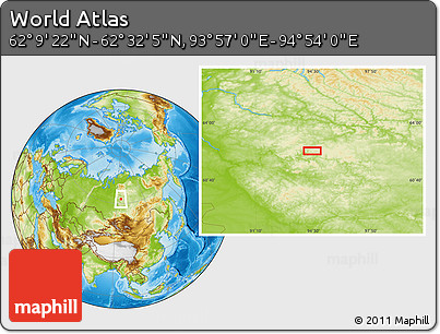 Physical Location Map of the Area around 62° 20' 44" N, 94° 25' 30" E