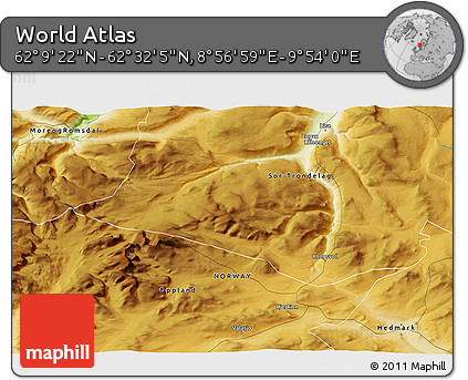 Physical 3D Map of the Area around 62° 20' 44" N, 9° 25' 30" E