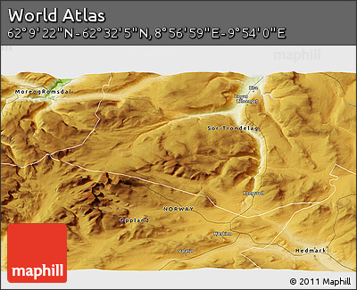 Physical 3D Map of the Area around 62° 20' 44" N, 9° 25' 30" E