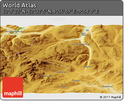 Physical 3D Map of the Area around 62° 20' 44" N, 9° 25' 30" E