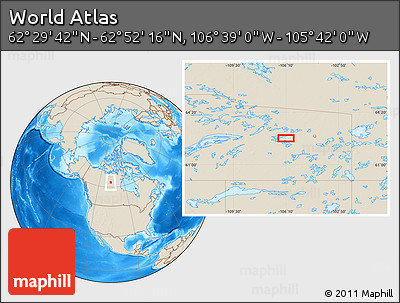 Shaded Relief Location Map of the Area around 62° 40' 59" N, 106° 10' 30" W