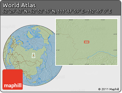 Savanna Style Location Map of the Area around 62° 40' 59" N, 112° 16' 30" E, hill shading