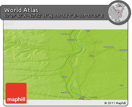 Physical 3D Map of the Area around 62° 40' 59" N, 117° 22' 30" E