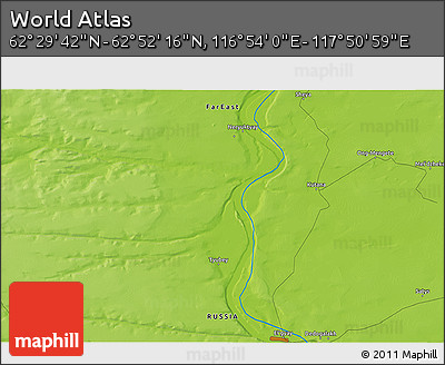Physical 3D Map of the Area around 62° 40' 59" N, 117° 22' 30" E