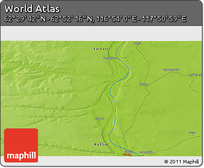 Physical 3D Map of the Area around 62° 40' 59" N, 117° 22' 30" E