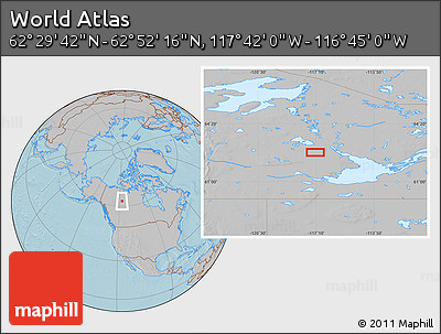 Gray Location Map of the Area around 62° 40' 59" N, 117° 13' 29" W, hill shading