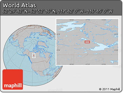 Gray Location Map of the Area around 62° 40' 59" N, 117° 13' 29" W, hill shading