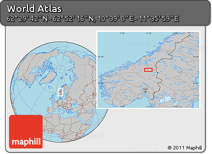 Gray Location Map of the Area around 62° 40' 59" N, 11° 7' 30" E