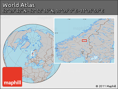 Gray Location Map of the Area around 62° 40' 59" N, 11° 7' 30" E