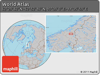 Gray Location Map of the Area around 62° 40' 59" N, 11° 7' 30" E