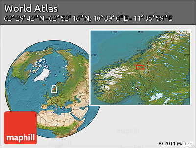 Satellite Location Map of the Area around 62° 40' 59" N, 11° 7' 30" E