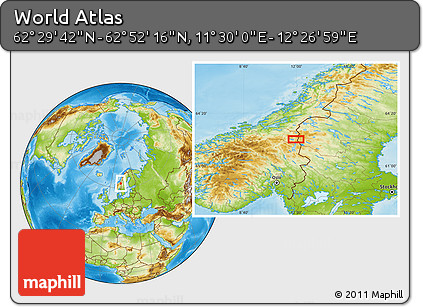 Physical Location Map of the Area around 62° 40' 59" N, 11° 58' 29" E