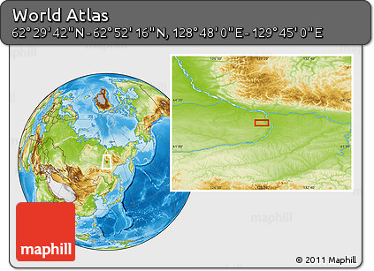 Physical Location Map of the Area around 62° 40' 59" N, 129° 16' 30" E