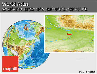 Physical Location Map of the Area around 62° 40' 59" N, 129° 16' 30" E