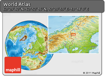 Physical Location Map of the Area around 62° 40' 59" N, 12° 49' 29" E