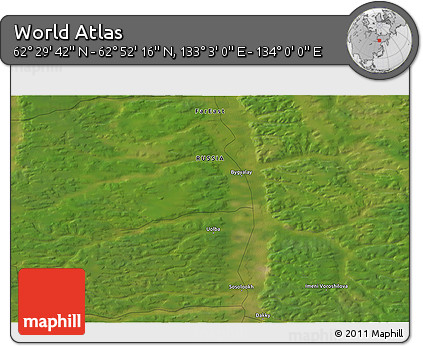 Satellite 3D Map of the Area around 62° 40' 59" N, 133° 31' 30" E