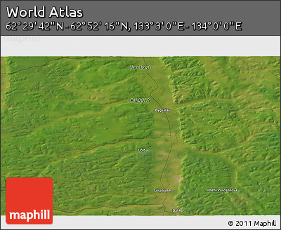 Satellite 3D Map of the Area around 62° 40' 59" N, 133° 31' 30" E