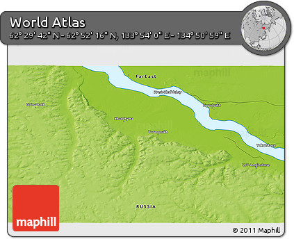 Physical 3D Map of the Area around 62° 40' 59" N, 134° 22' 30" E