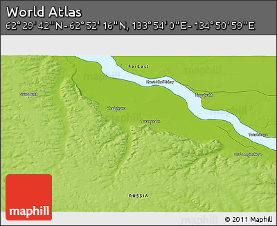 Physical 3D Map of the Area around 62° 40' 59" N, 134° 22' 30" E